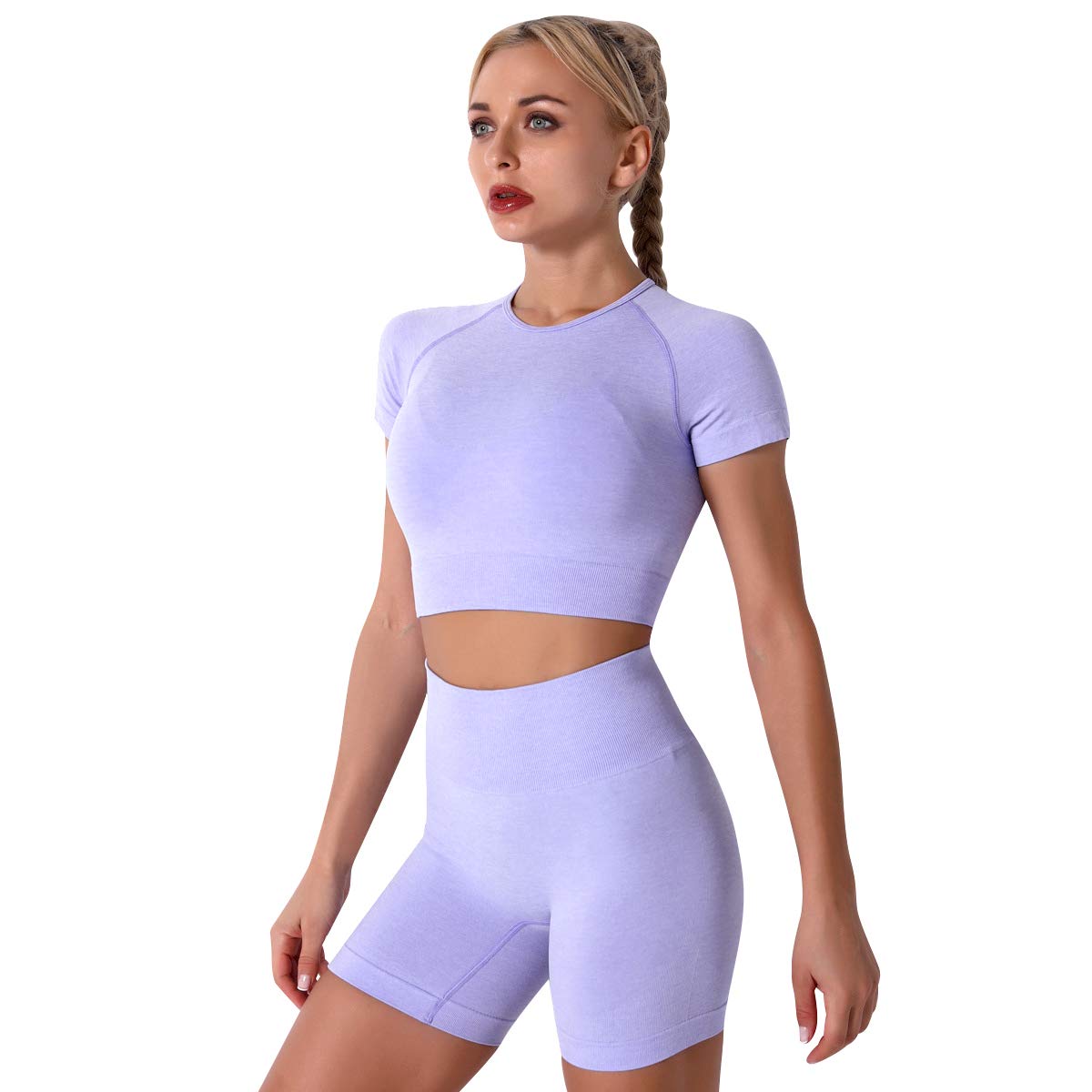 Odizli Workout Set Damen Sport BH + Kurzarm Crop Tops + High Waist Shorts Gym Yoga Outfit