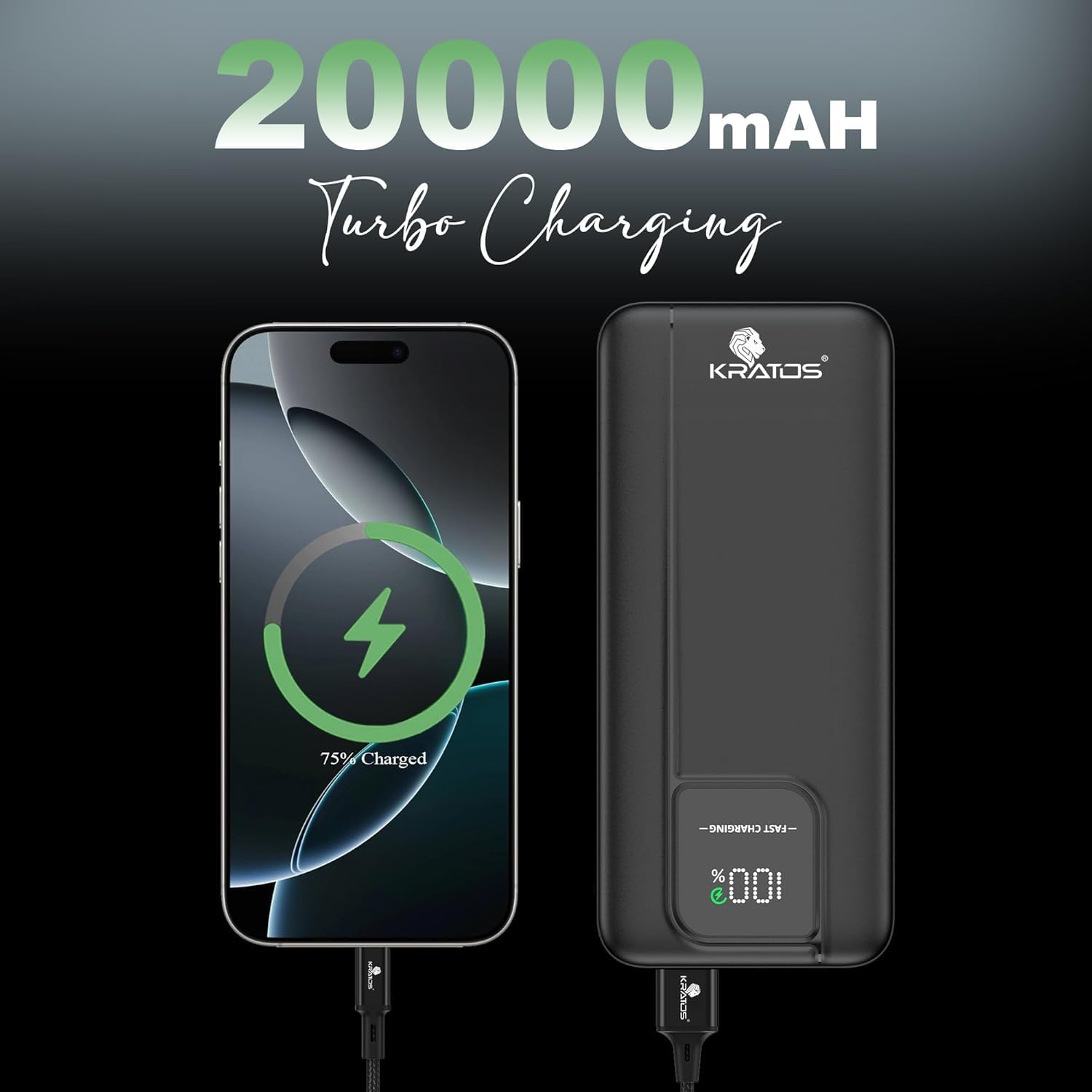 Kratos 20000mAh 35W Turbo Fast Charging Power Bank | Dual Output | PD + QC Compatible | Two-Way Fast Charging | for iPhone, Samsung, Android & More (Black) — Amazon image 3