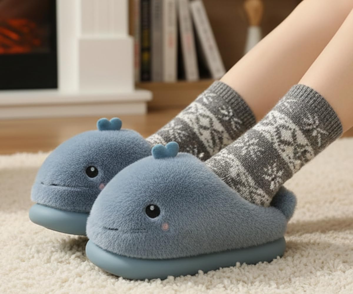 Whale Plush Cotton Slippers Warm Non-Slip Cozy Indoor.