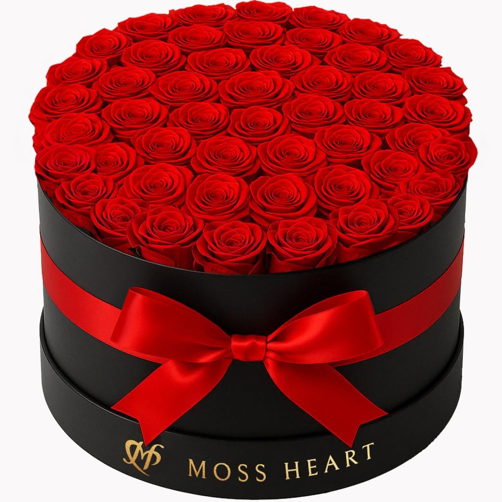 50 Preserved Roses in Designer Round Box, Real Forever Roses, Long-Lasting 1+ Year, No Watering, Luxury Home Décor Arrangement, Valentine’s Day Gift for Wife or Girlfriend
