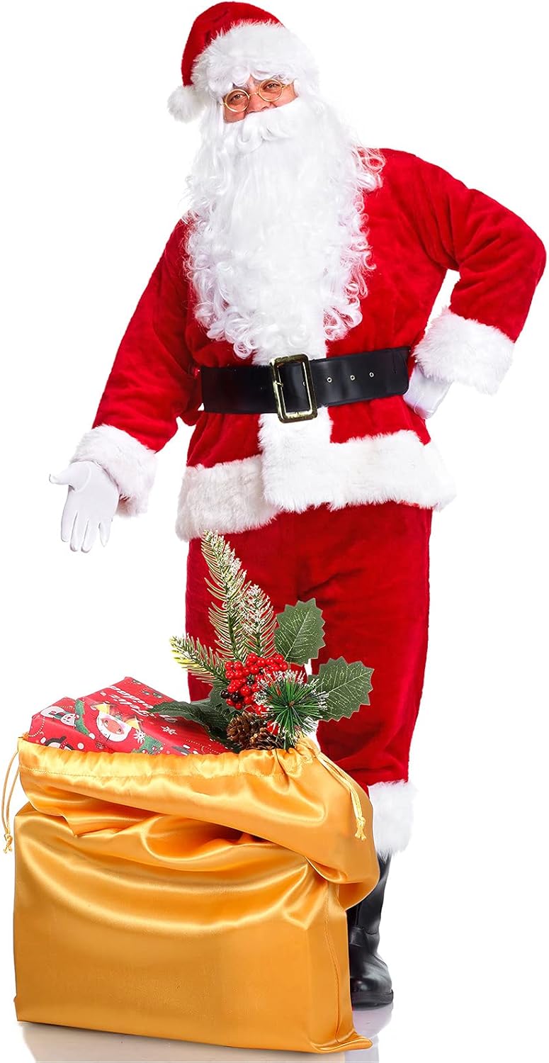 Christmas Santa Costume Set Includes Christmas Santa Hat Beard Wig White Gloves Glasses Present Bag for Xmas Costume - Image 6
