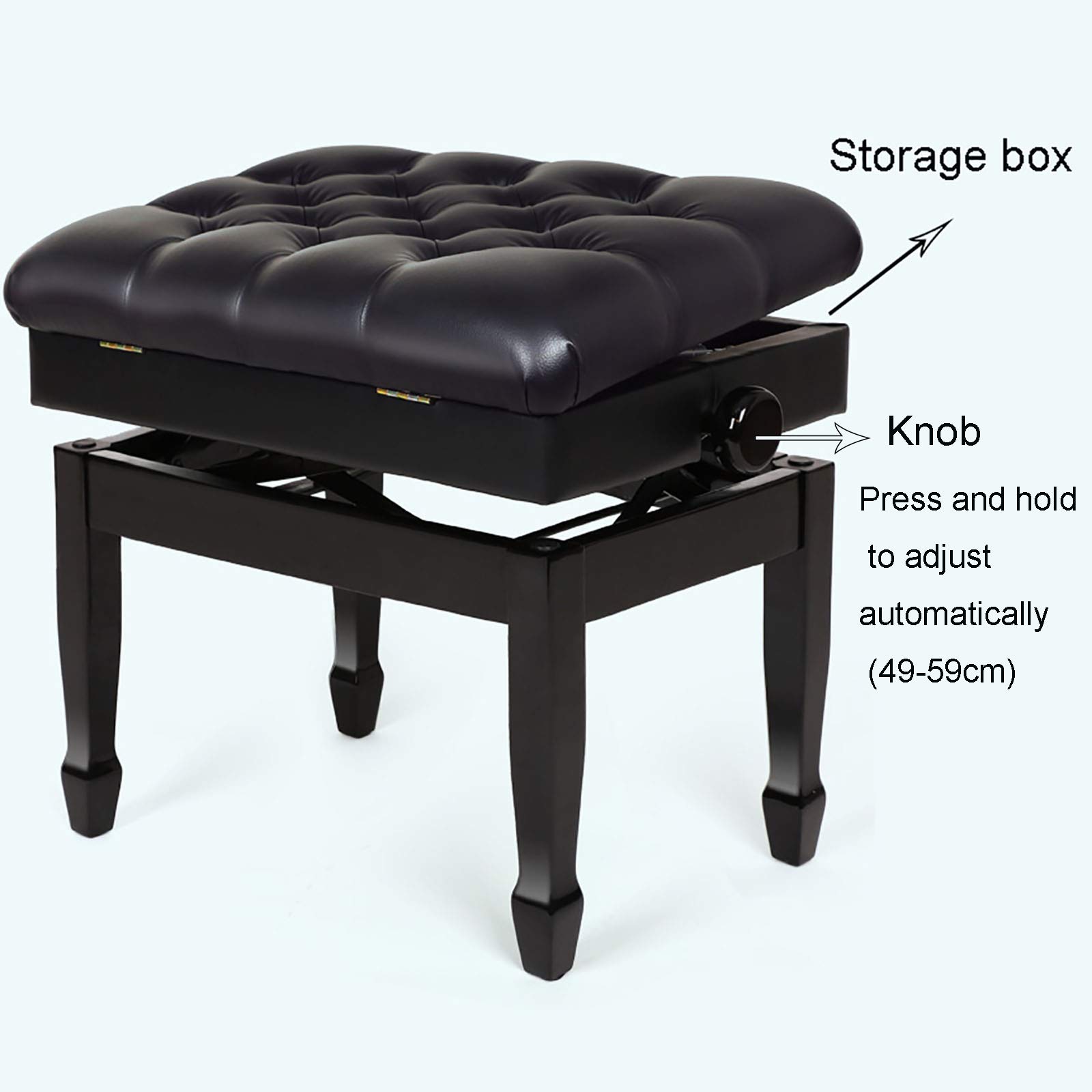 Sgabello regolabile per pianoforte con gambe in legno massello e cuscino imbottito con vano portaoggetti, design antiscivolo, in pelle PU nera