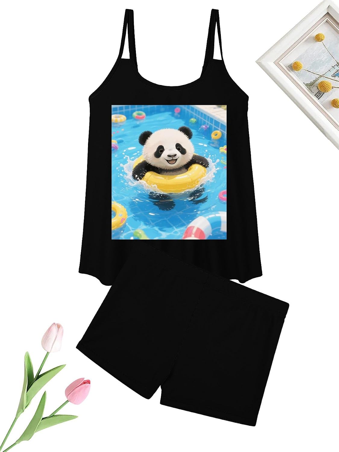 Cute Panda Tankini Swimsuits for Women Tummy Control Two Piece Bathing Suits Swim Tops with Boy Shorts