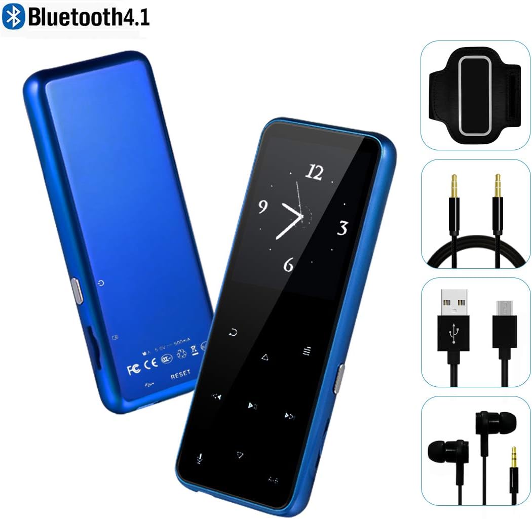MP3 Player - HonTaseng Bluetooth 4.2 Sports Metal Touch Button Music Player with Armband, 60 Hours Playback Time, HiFi Sound with FM Radio & Voice Recorder, Expandable 64GB TF Card, Blue