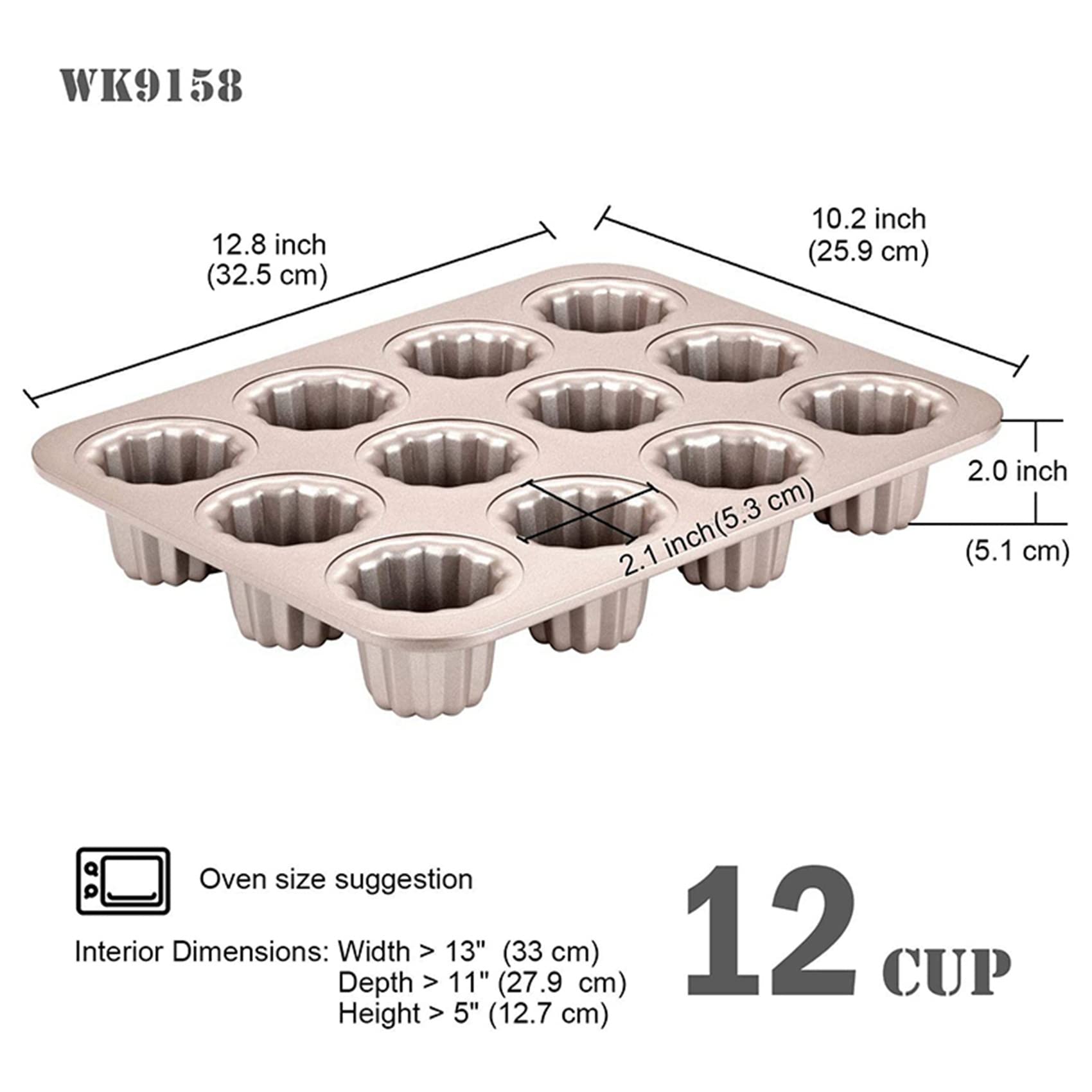 Lot de 2 moules à gâteau en forme de canele, 12 cavités, antiadhésifs, pour muffins, cupcakes, cuisson au four (champagne doré)