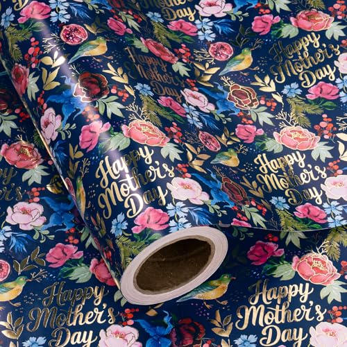 WRAPAHOLIC Mothers Day Wrapping Paper Roll - Mini Roll - 17 inch x 16.5 Feet - Gold Foil Happy Mothers Day Floral Birds Wrapping Paper for Mom Mothers Day Mom Birthday Thank You Gifts