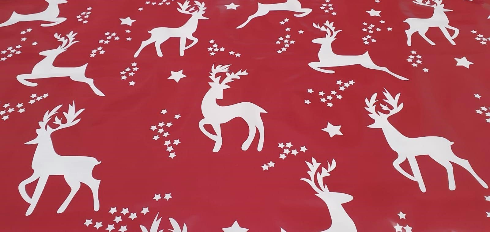 Designers247 Wine Red Christmas PVC Tablecloth Reindeer Stag White Xmas Stars PVC Plastic Vinyl Oilcloth Wipe Clean Party Table Cloth Protector Width 140cm - Sold by metre