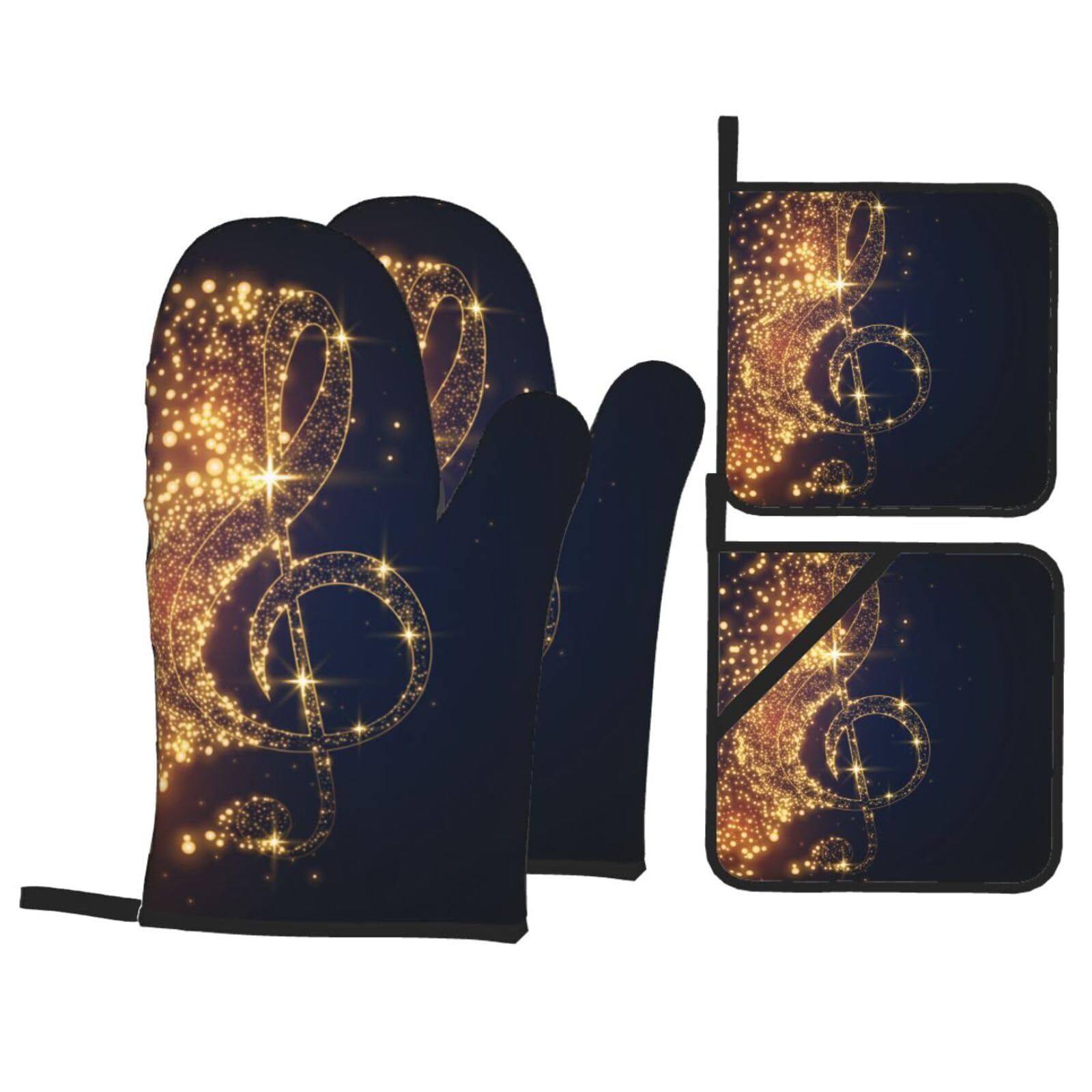 Gold Musical Note With Shiny Star Print Stylish Heat-Resistant Oven 4-Piece Set Kitchen Gloves Roasting Daily Cooking