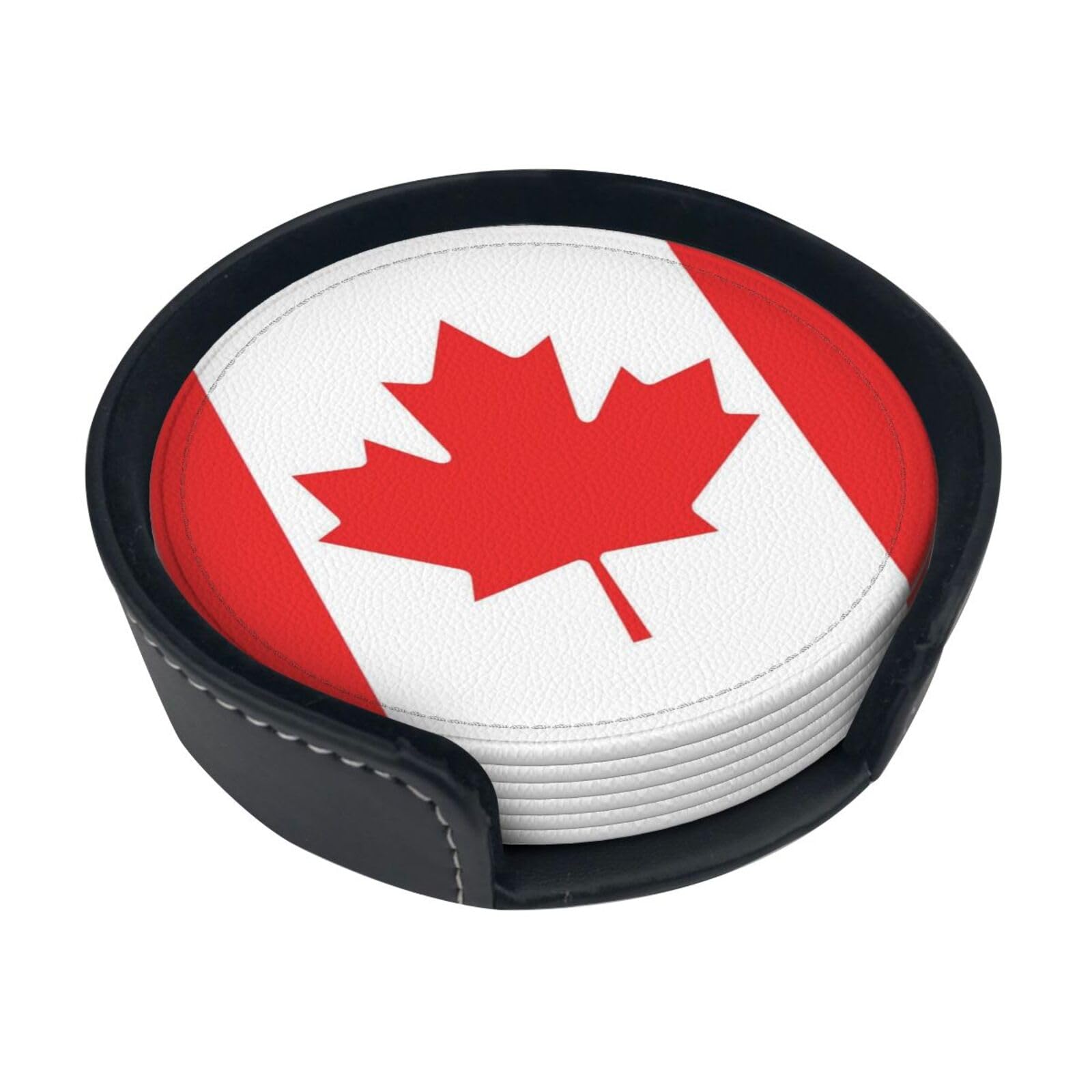 Canadian Flag Leather Coasters-Set of 6 with Storage Holder