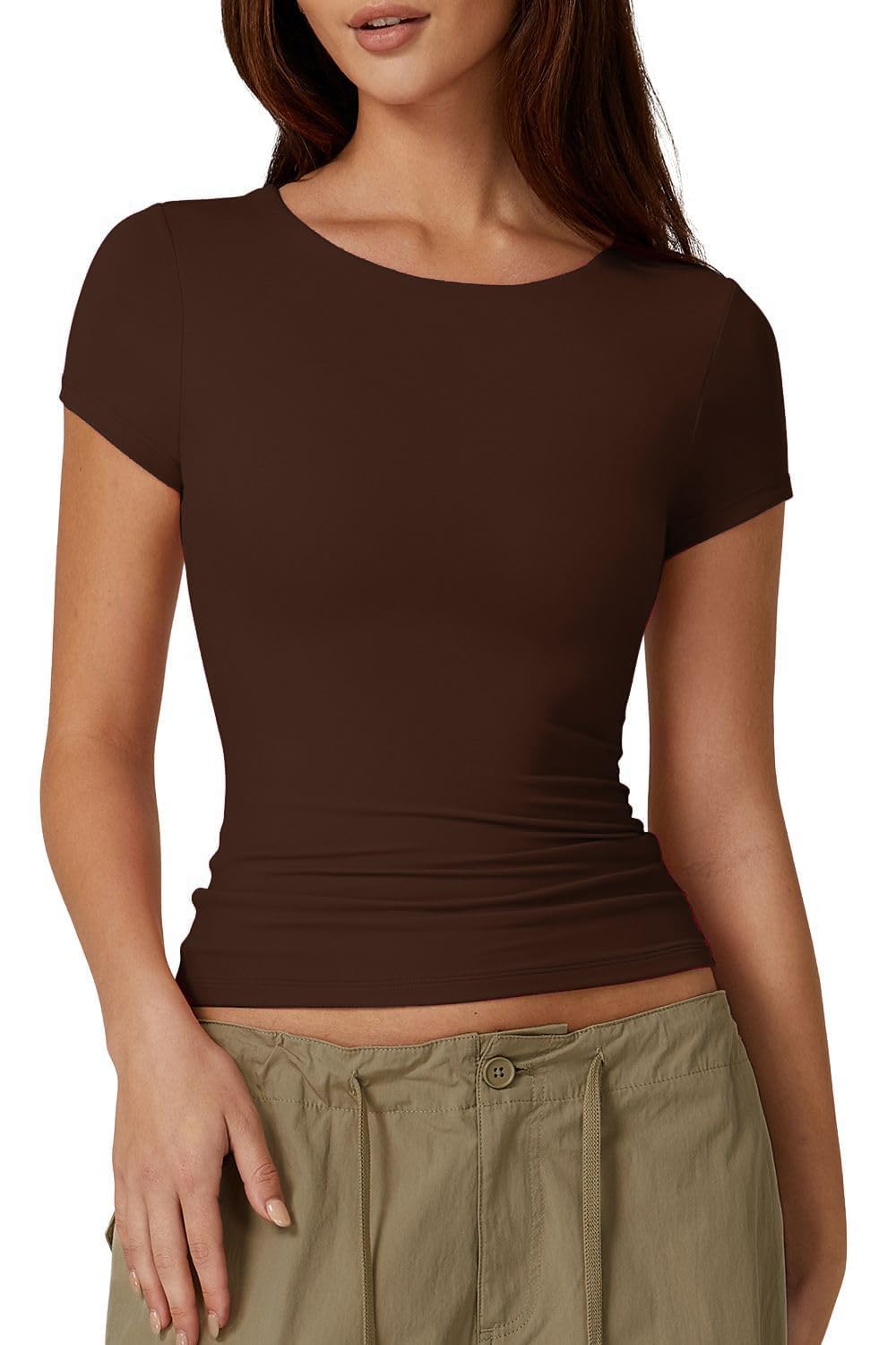 DIKUCI T Shirts for Women Crewneck Slim Fit Workout Short Sleeve T-Shirt Stretchy Bodycon Basic Tee Tops