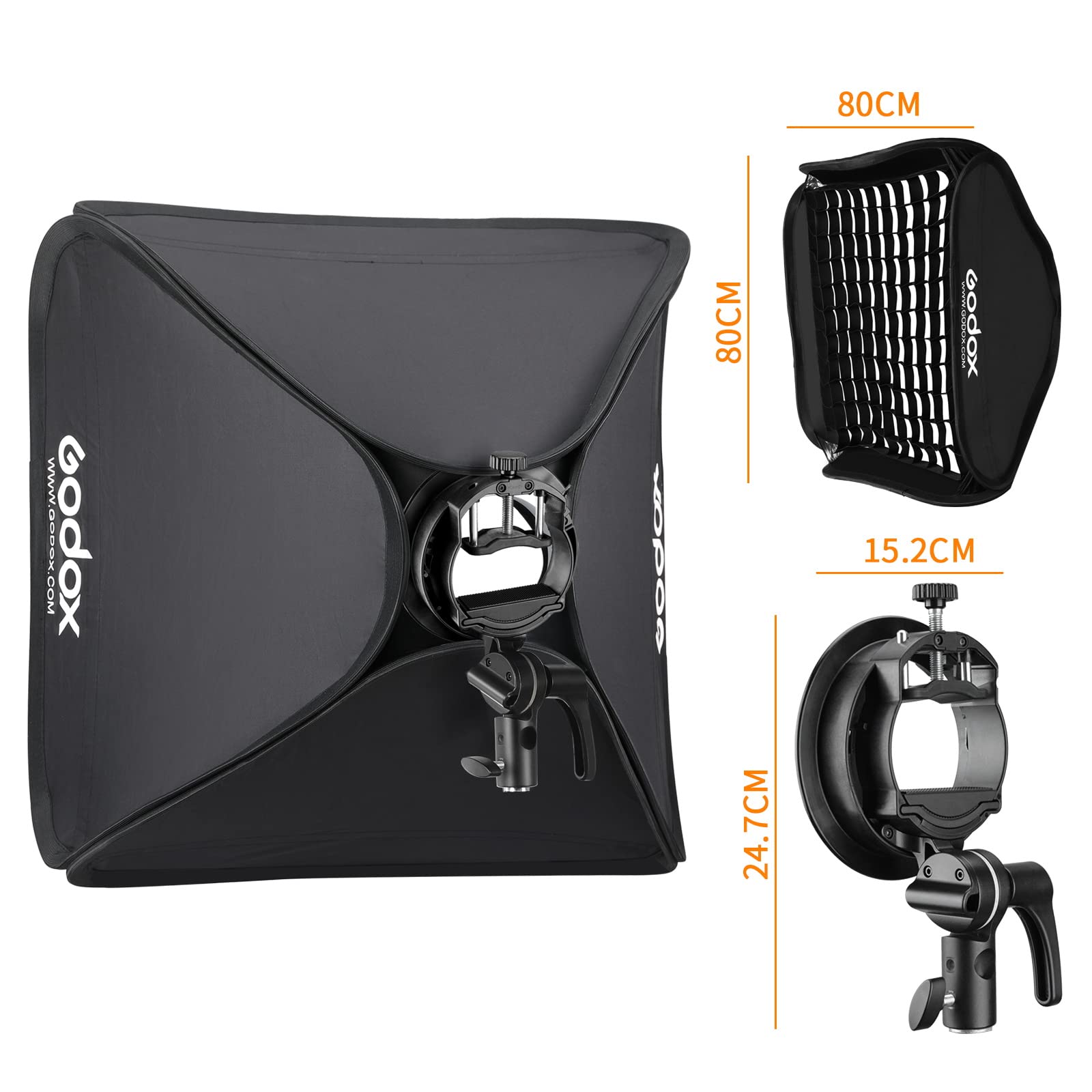 Godox Softbox pieghevole portatile con staffa S2 Speedlite Bowens e griglia a nido d'ape per studio fotografico, flash stroboscopico, Speedlite Speedlight, 80 x 80 cm