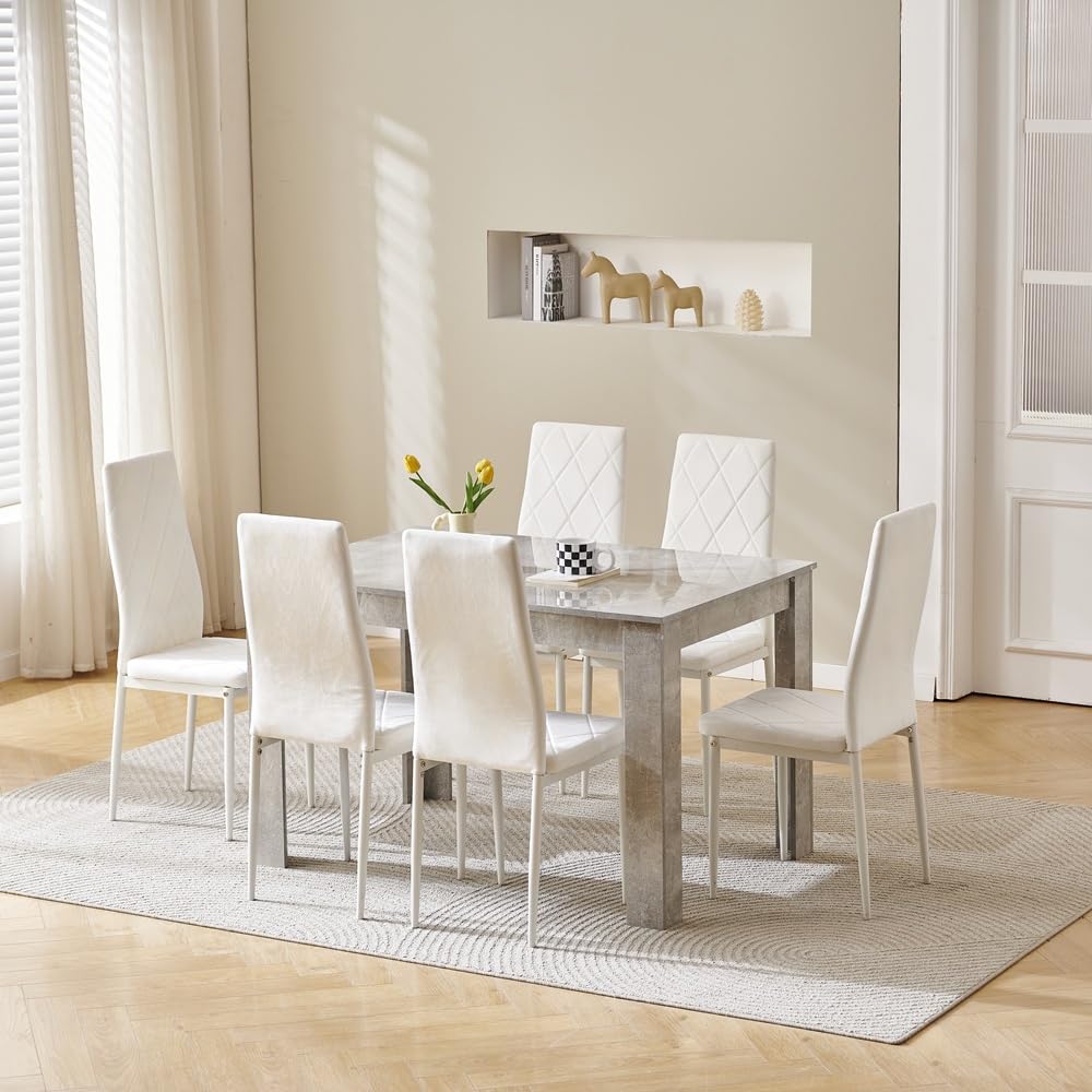 Menaka Wood Dining Table and Chairs Set of 4, Small Rectangular Kitchen Dinner Table with 4 Seaters (argyle grid white velvet chairs, 120m high gloss grey marble table, 6 seaters)