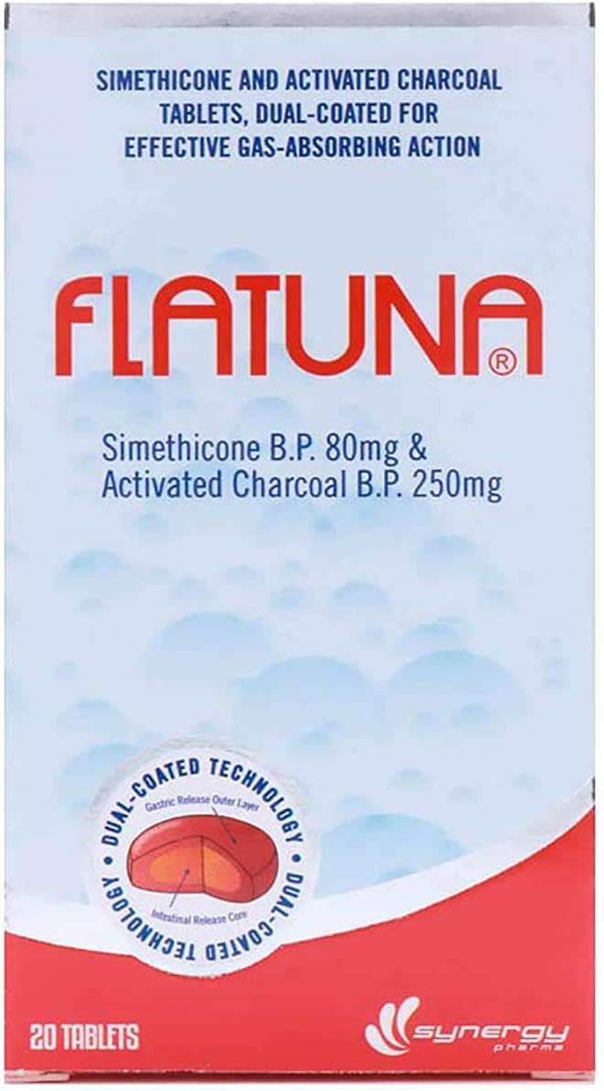 FLATUNA Simethicone & Activated Charcoal Tablets - Dual-Coated for Effective Gas Relief, Pack of 20's