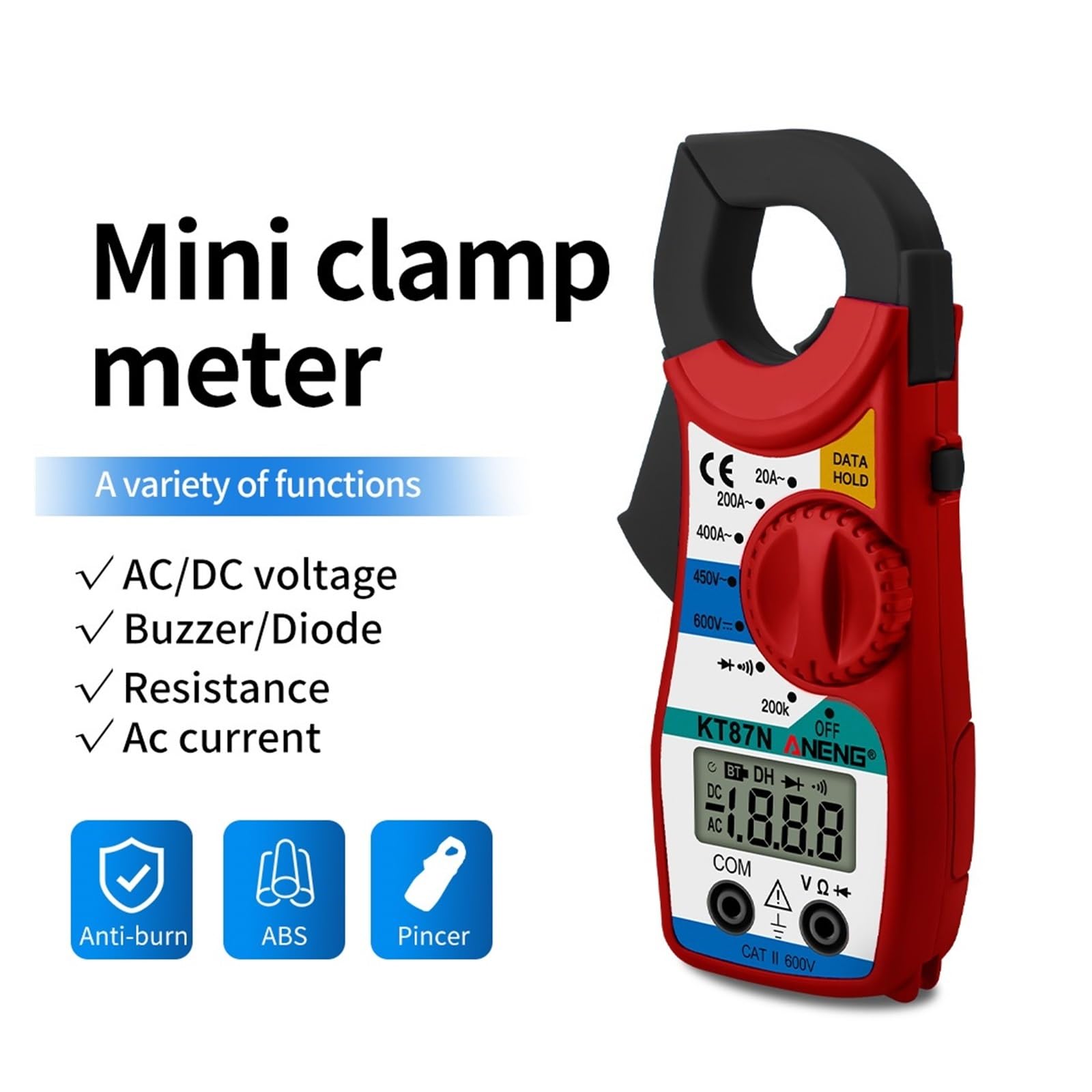 KT87N Mini Digital Clamp Meters AC/DC Voltage AC Current 600v True RMS Multimeter Capacitance Electrical Tester Tools(KT87N Red)