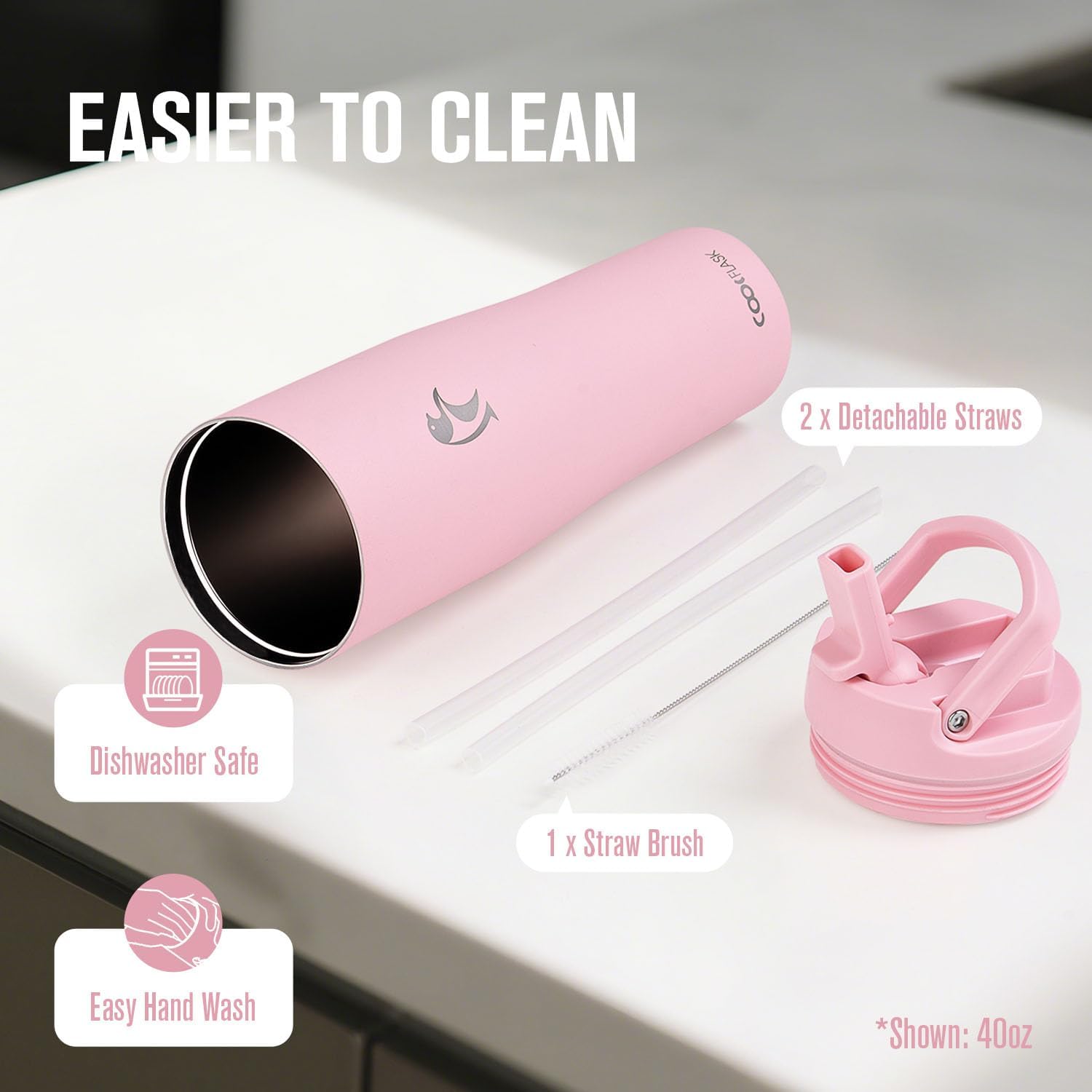 Coolflask Water Bottle 32 oz Fits Car Cup Holder, Slim Tumbler Stainless Steel with Straw & Handle, Vacuum Flask Leakproof Wide Mouth for Travel Sports Gym, Pink