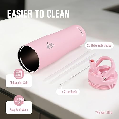 Miniatura 5 de Coolflask Botella de agua de 32 onzas para portavasos de automóvil, vaso delgado de acero inoxidable con popote y asa, botella de vacío a prueba de