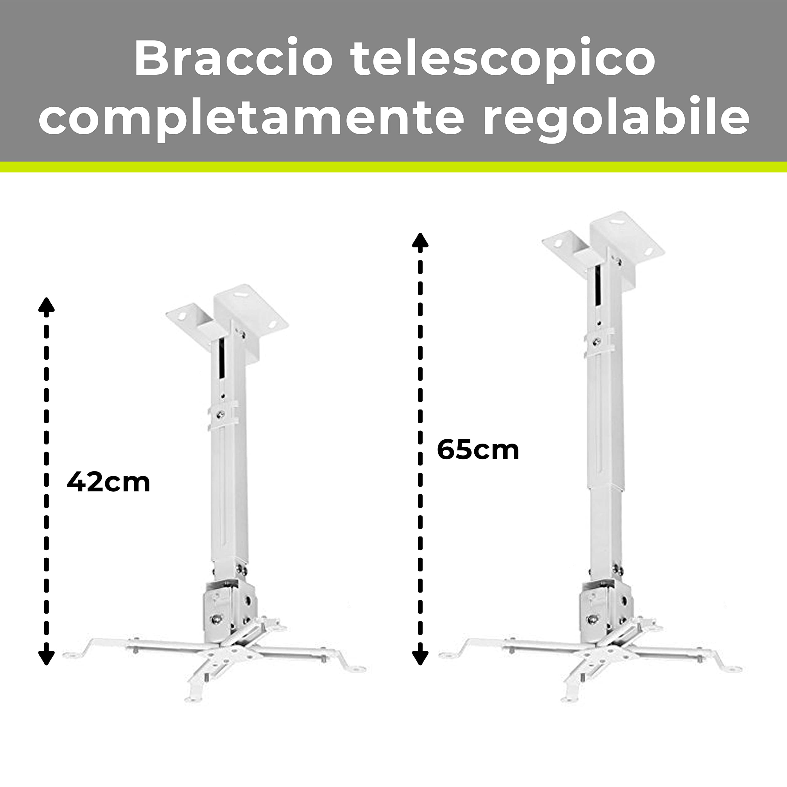 GAINUP Supporto da Soffitto per Videoproiettore "Slim" | Staffa Proiezione Telescopica Universale Regolabile da 42 a 65cm per Proiettore | Accessori Videoproiezione
