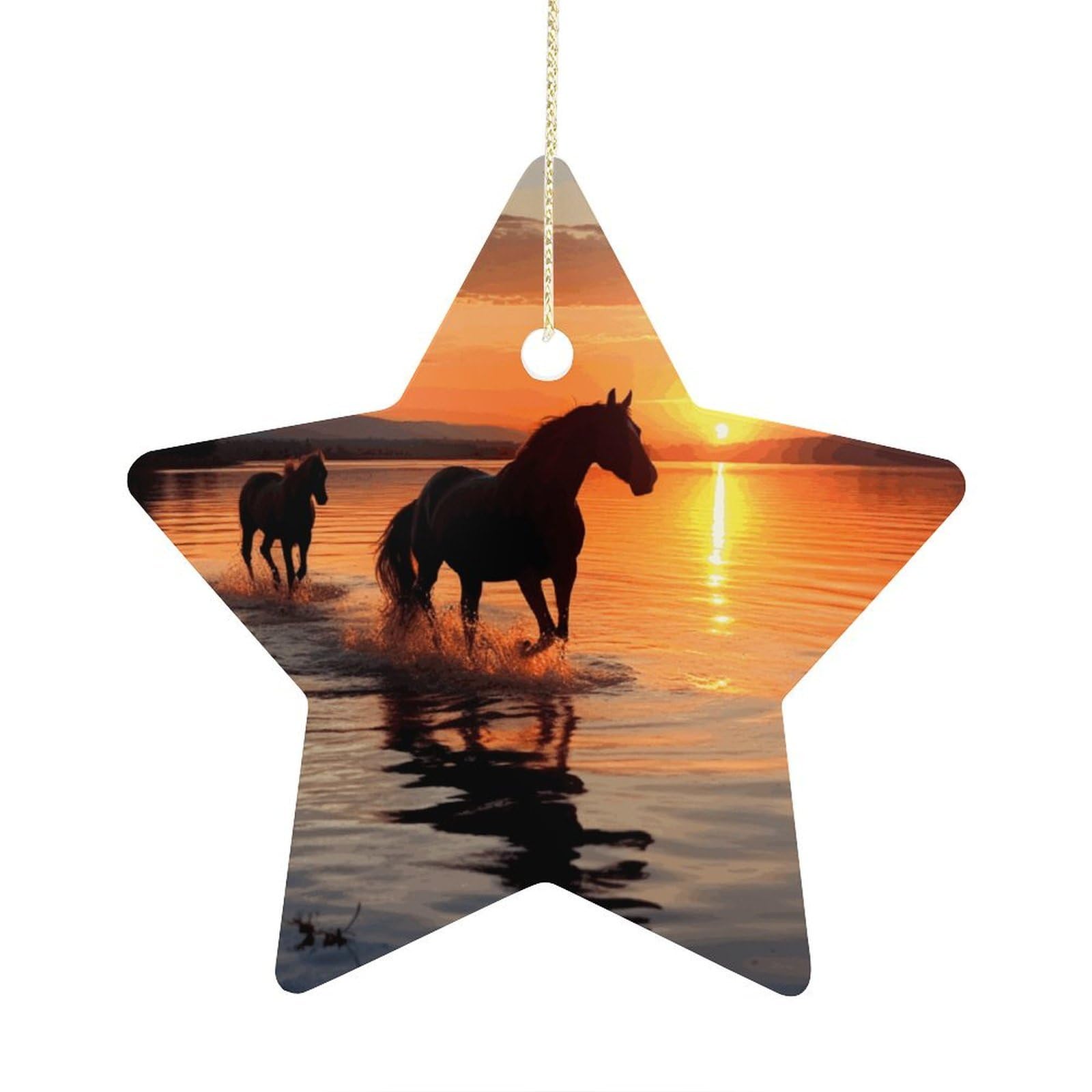 Sunsets Lake Horses Stars Ornaments Ceramic Christmas Tree Hanging Light in Weight Christmas Star Pendants Funny Double-Sided Printed Xmas Ornaments for Gifts
