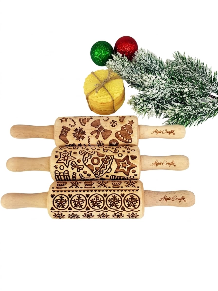 3 Mini Rolling Pin Set - CHRISTMAS FUN. Wooden Laser Cut Embossing Cut Mini Rolling Pins for Embossed Cookies. Friend, Christmas by Algis Crafts โ image 1