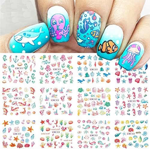 Summer Ocean Nail Art Stickers Decals 12 Sheets Summer Nail Accessories Decorations Cute Anime Sliders for Nails Ocean Beach Water Transfer Nail Decals for Manicure DIY Wraps Decor