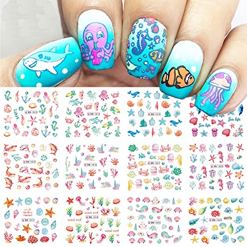 Summer Ocean Nail Art Stickers Decals 12 Sheets Summer Nail Accessories Decorations Cute Anime Sliders For Nails Ocean Beach Water Transfer Nail Decals For Manicure Diy Wraps Decor #TOP12