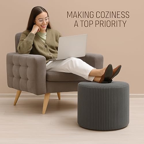 Miniatura 5 de Puf redondo otomano y reposapiés, pufs de pana suave con relleno de espuma (gris)