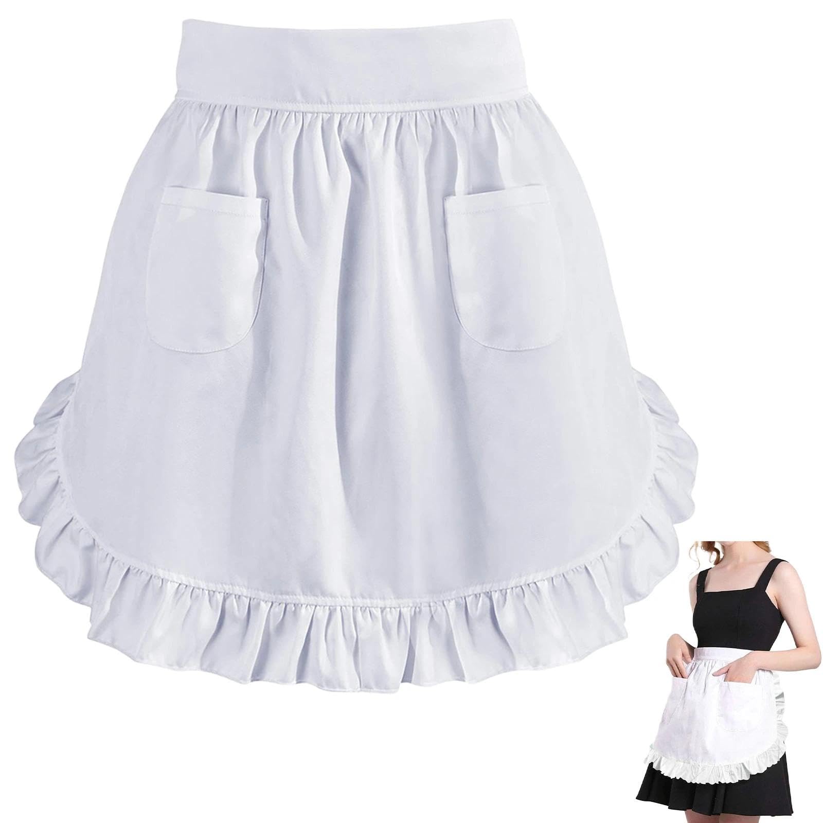 AYZDJ White Waist Apron with Dual Pockets, Vintage Half Apron, Practical Waitress Maid Apron, Stylish Cafe Bistro Kitchen Costume Accessory for Daily Use & Themed Parties