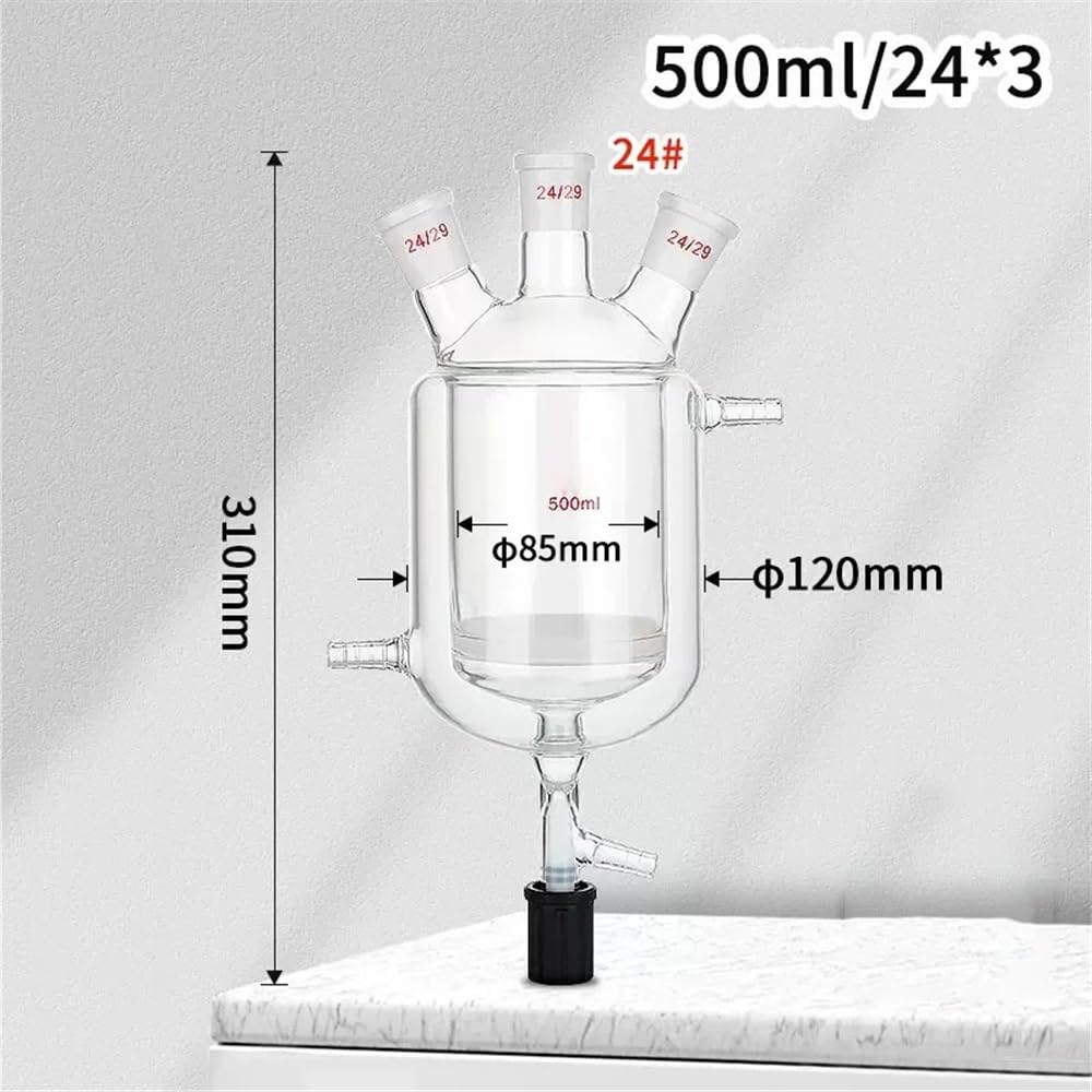 Sprzęt laboratoryjny i wyposażenie laboratoryjne, 100-2000 ml, szkło borokrzemowe, trzyustna butelka reaktorowa z tłokiem próżniowym (500 ml, 24 x 29 x 24)