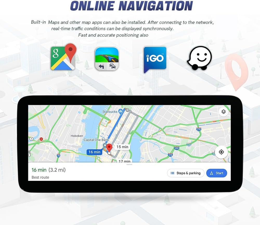The Carplay screen displaying a navigation map with route information and various map application icons.