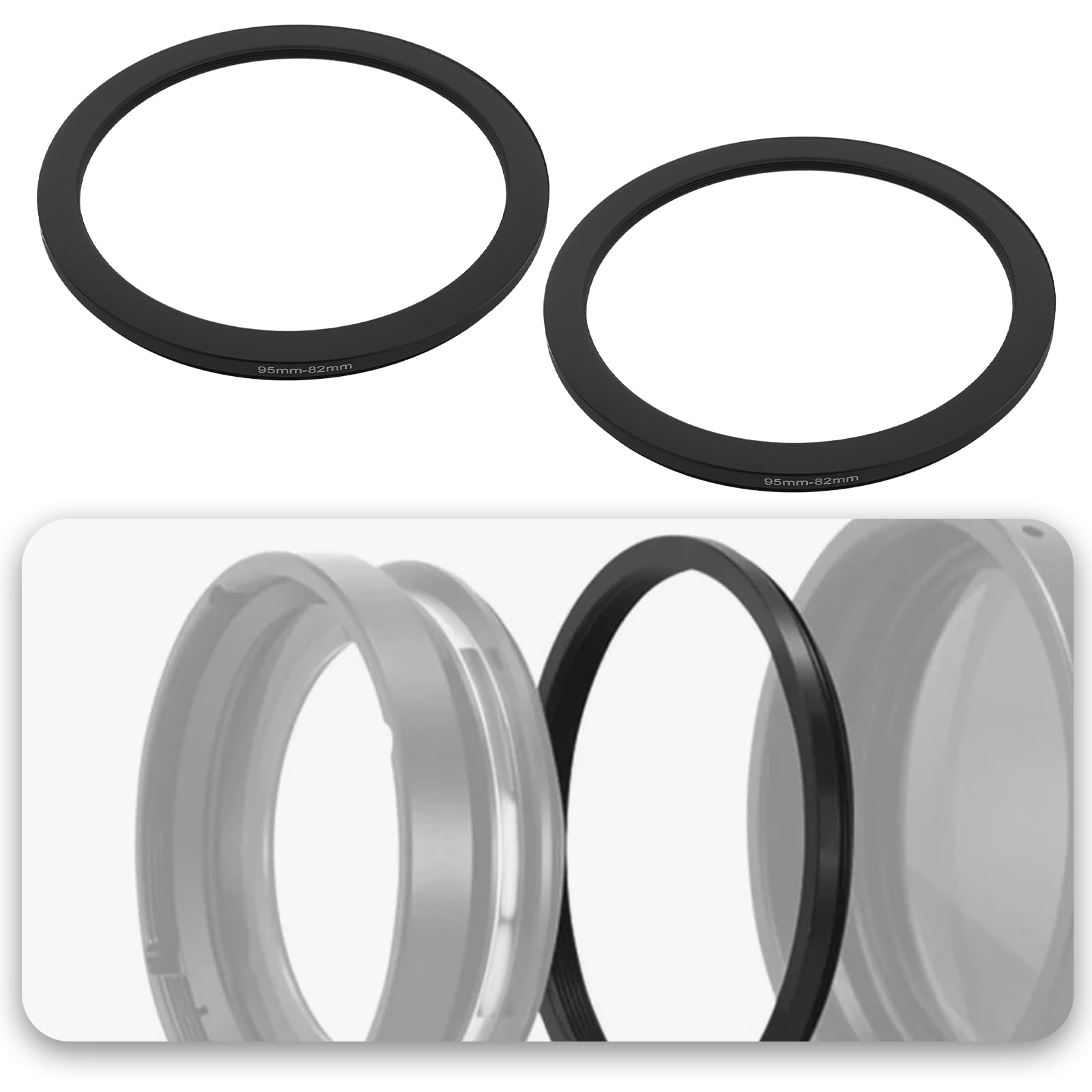 2 Piezas Anillo Adaptador de Filtro de Cámara de Aluminio Anodizado 95 Mm A 82 Mm con Paño de Limpieza para Lentes de Cámara de 95 Mm Y Filtros ND CPL UV de 82 Mm