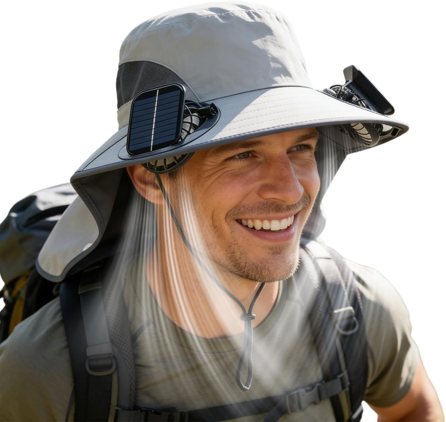 Solar Powered Fan Hat, with 2 Removable Fans & Sun Protection Neck Cover, Wide Brim Sun Hat for Men Women, Enhanced Airflow UPF 50+, USB and Solar Charging, for Outdoor Fishing, Hiking Gardening Grey