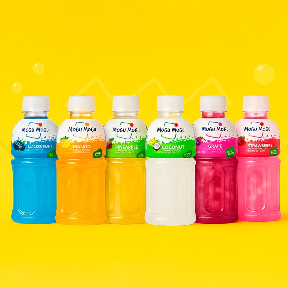 Bebida asiática Mogu Mogu sabor fresa con jelly de nata de coco 320 ml Pack 3 botellas refresco con trocitos masticables, lista para tomar