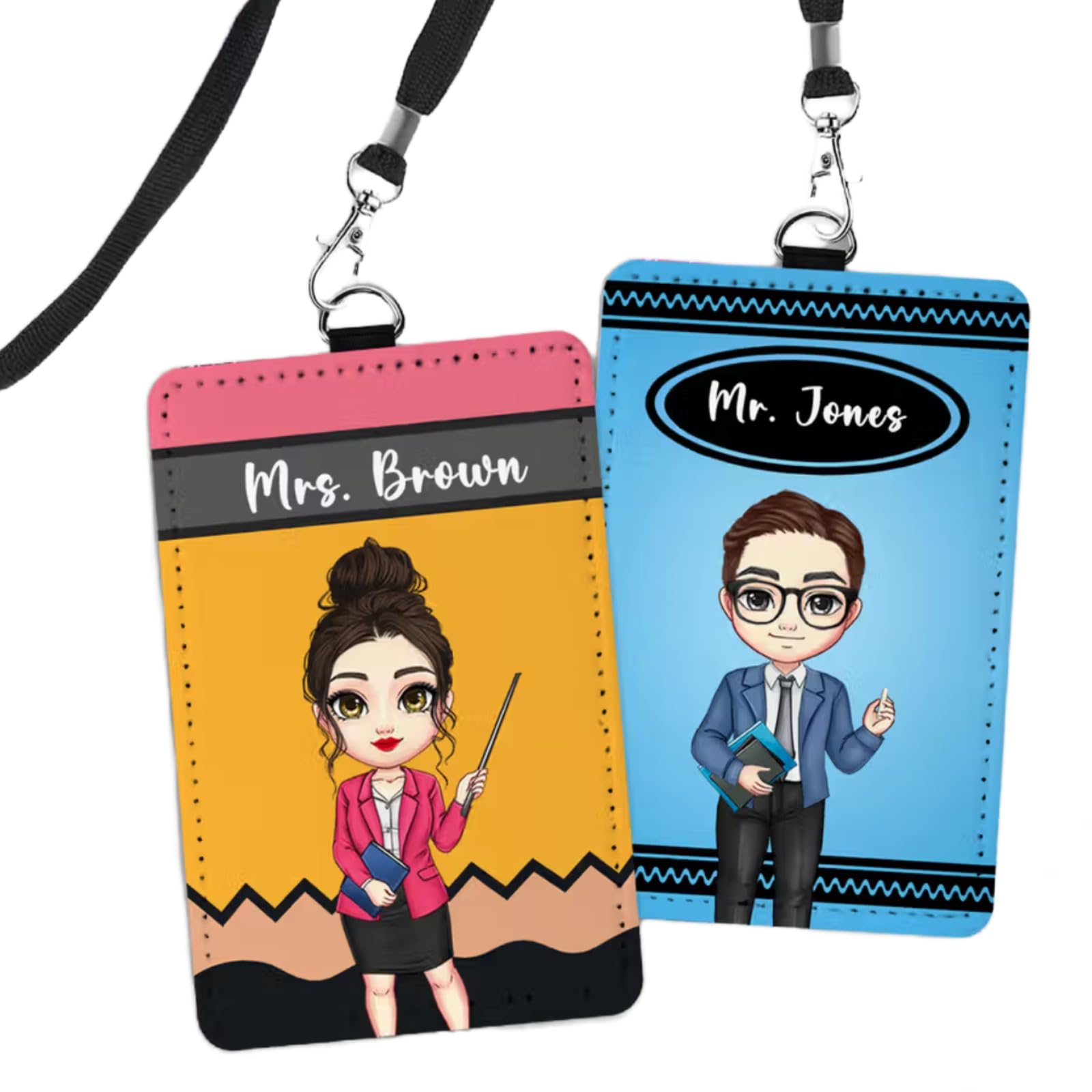 Personalised Teacher Badge Holder for Educators with Custom Name Cartoon Character Pencil Crayon | PU Leather Horizontal and Vertical Styles | Back to School Gift for Teacher