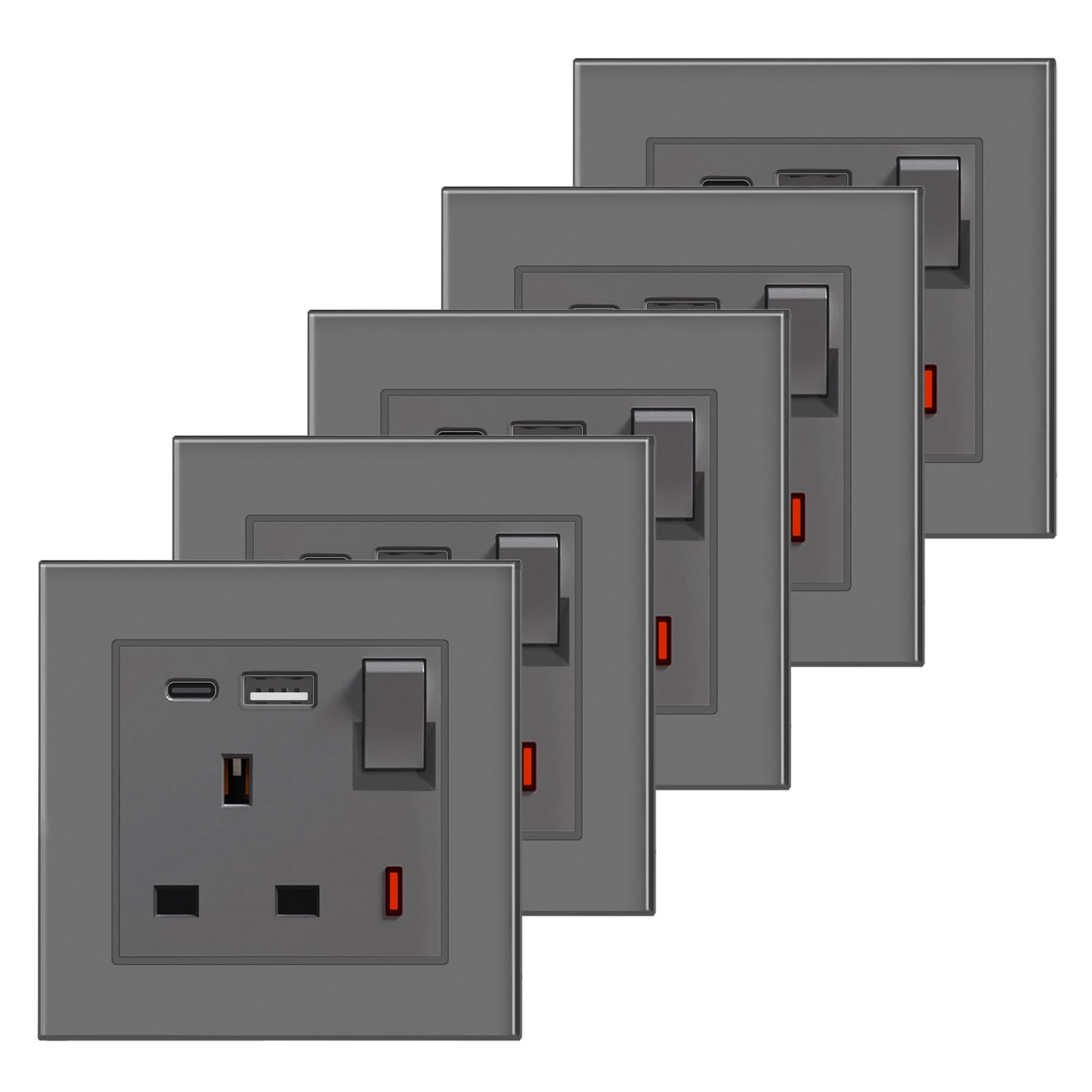 BSEED Single Socket 13A with USB A and USB C 18W, Single Plug Socket 1 Gang UK Standard, Switched Outlet with Glass Panel, Electric Power Outlet Grey, 5 Pack