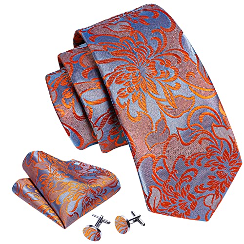 Image of Barry.Wang Flower Ties for Men Silk Woven Floral Tie Sets Necktie Handkerchief Cufflinks Wedding Party