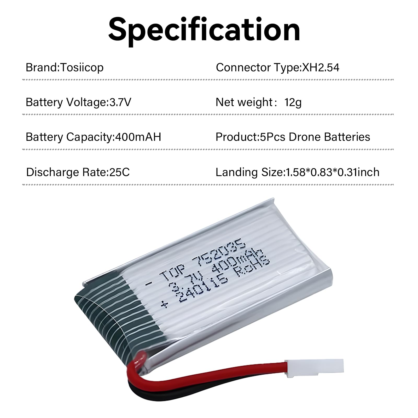 Batteria Lipo da 3,7 V, 400 mAh, ricaricabile, 5 pezzi, con caricatore USB 5 in 1, per Syma Q11, H99 W, H31, H6C, H98, TR-C385, TR-P51, TR-F22, AT-96, quadcopter parti aereo (5 pezzi, 3,7 V
