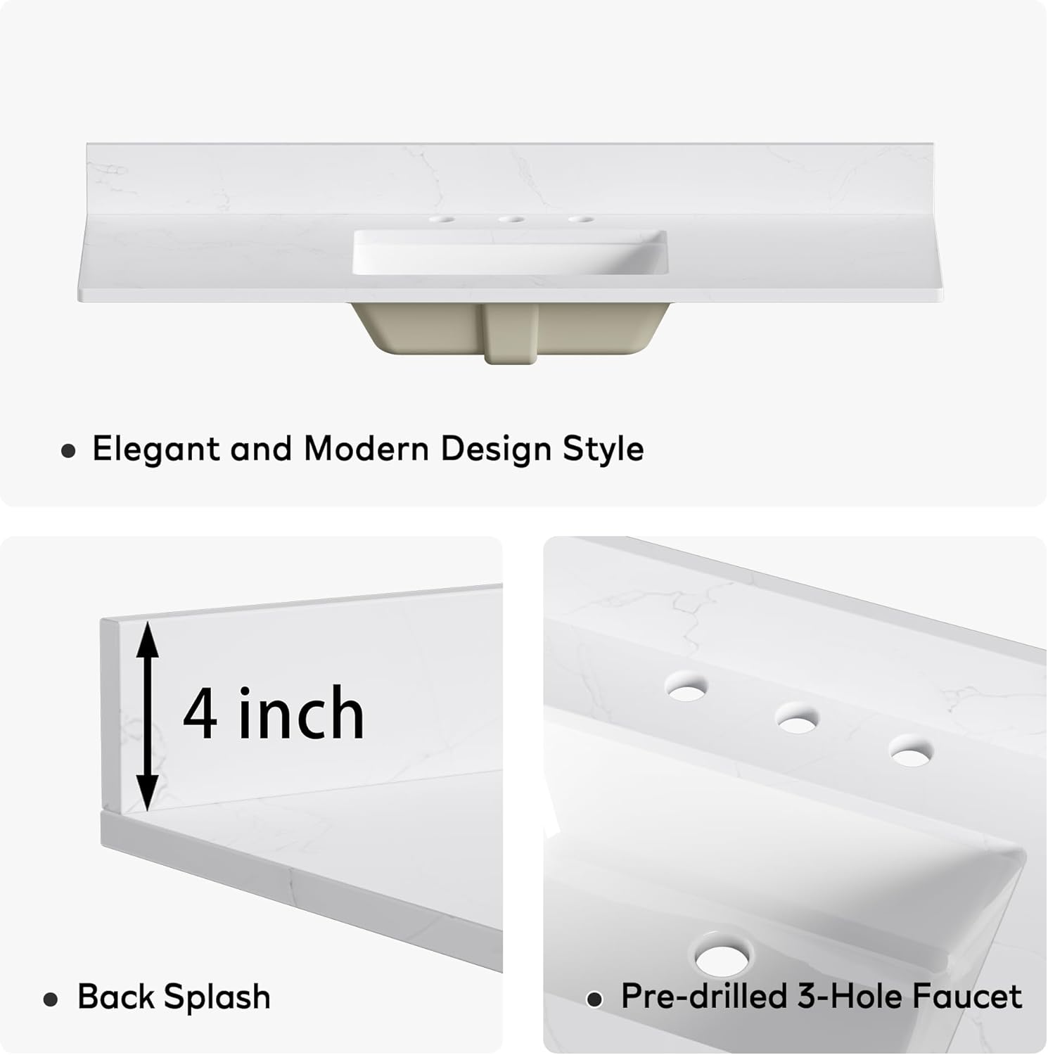 48” Bathroom Vanity with White Stone Countertop, Rectangular Sink and Backsplash, Solid Wood Frame Cabinet with 2 Soft-Closing Doors & 6 Full-Extension Drawers