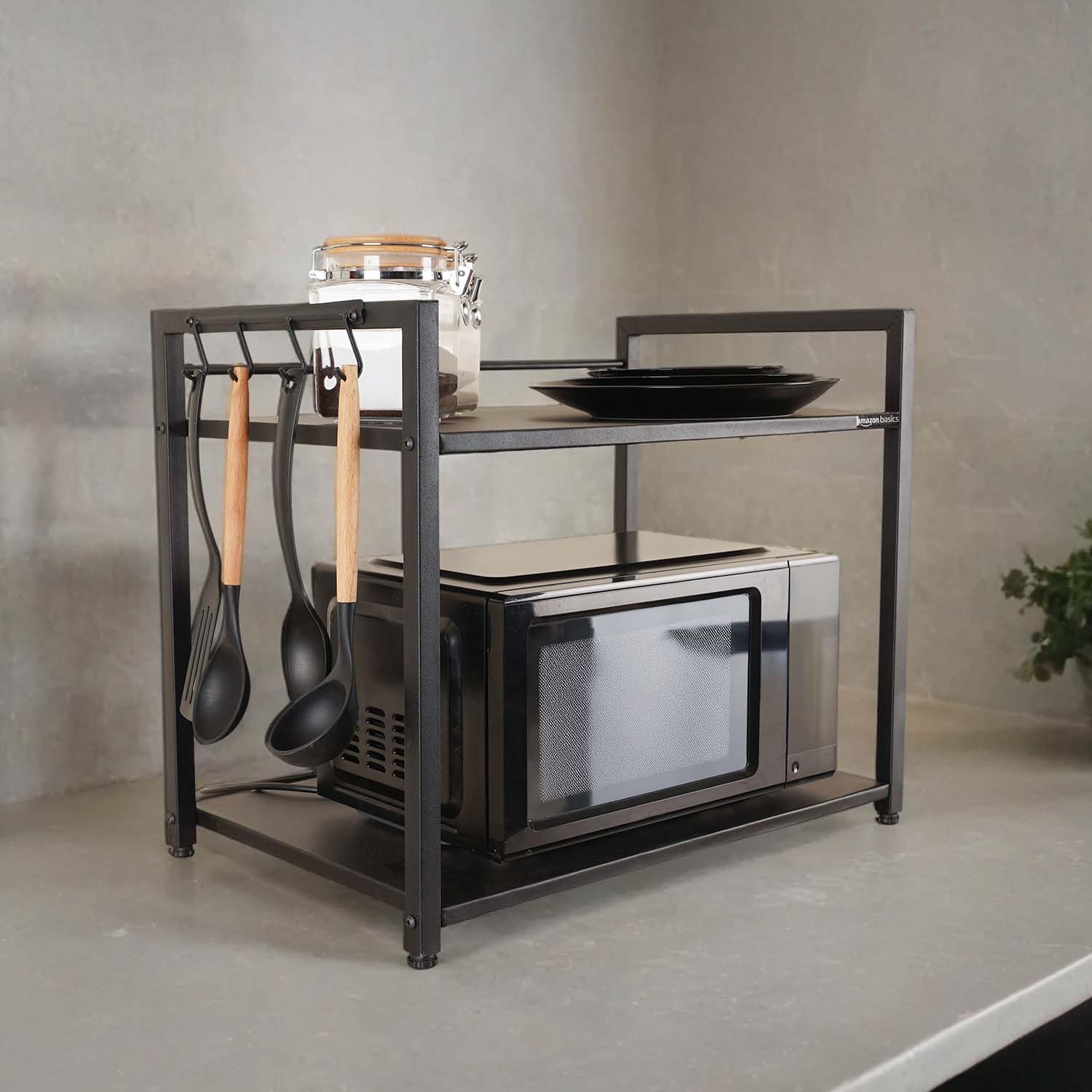 Amazon Basic Metal Microwave Stand || Microwave & OTG Stand for Kitchen Counter|| Double Platform for Extra Storage with Hooks|| Kitchen Oven Rack(Black, Tiered Shelf) | 61.0L x 40.5W x 50.9H CM-image-7