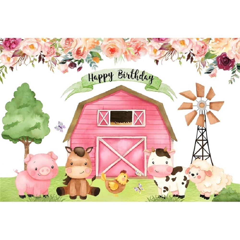 2,2x1,5m Sfondo di buon compleanno Animali della fattoria sfondo fotografico Fienile rosa carino Animale dei cartoni animati Sfondo di fattoria Decorazione per feste di compleanno