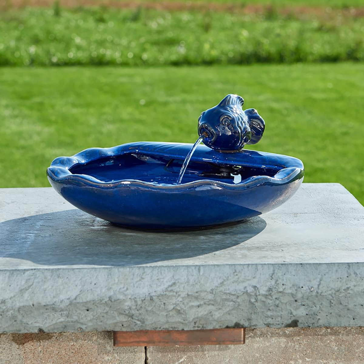 Outdoor Ceramic Solar Fish Fountain, Blue Glazed Finish