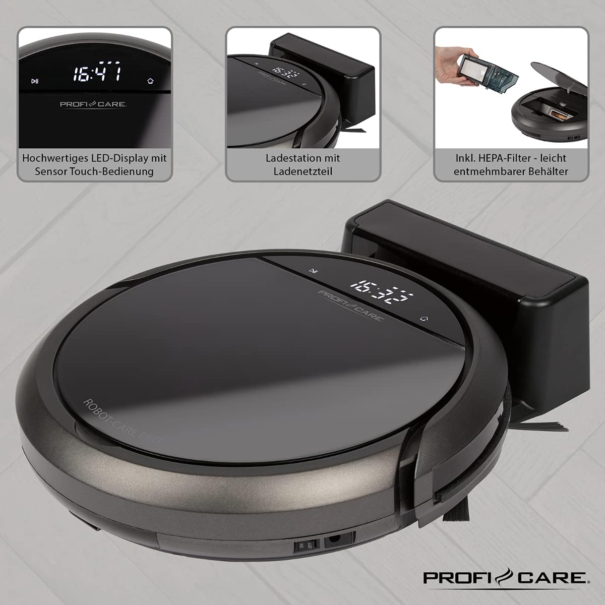 ProfiCare PC-BSR 3043 Robot Vacuum Cleaner with features labeled