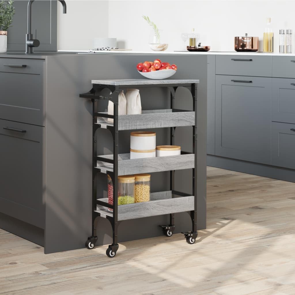Carrello da cucina grigio Sonoma con telaio in acciaio, 53 x 20 x 76 cm, in legno, carrello da portata con 4 ruote e portasciugamani, carrello con vano portaoggetti, scaffale, ripiano per