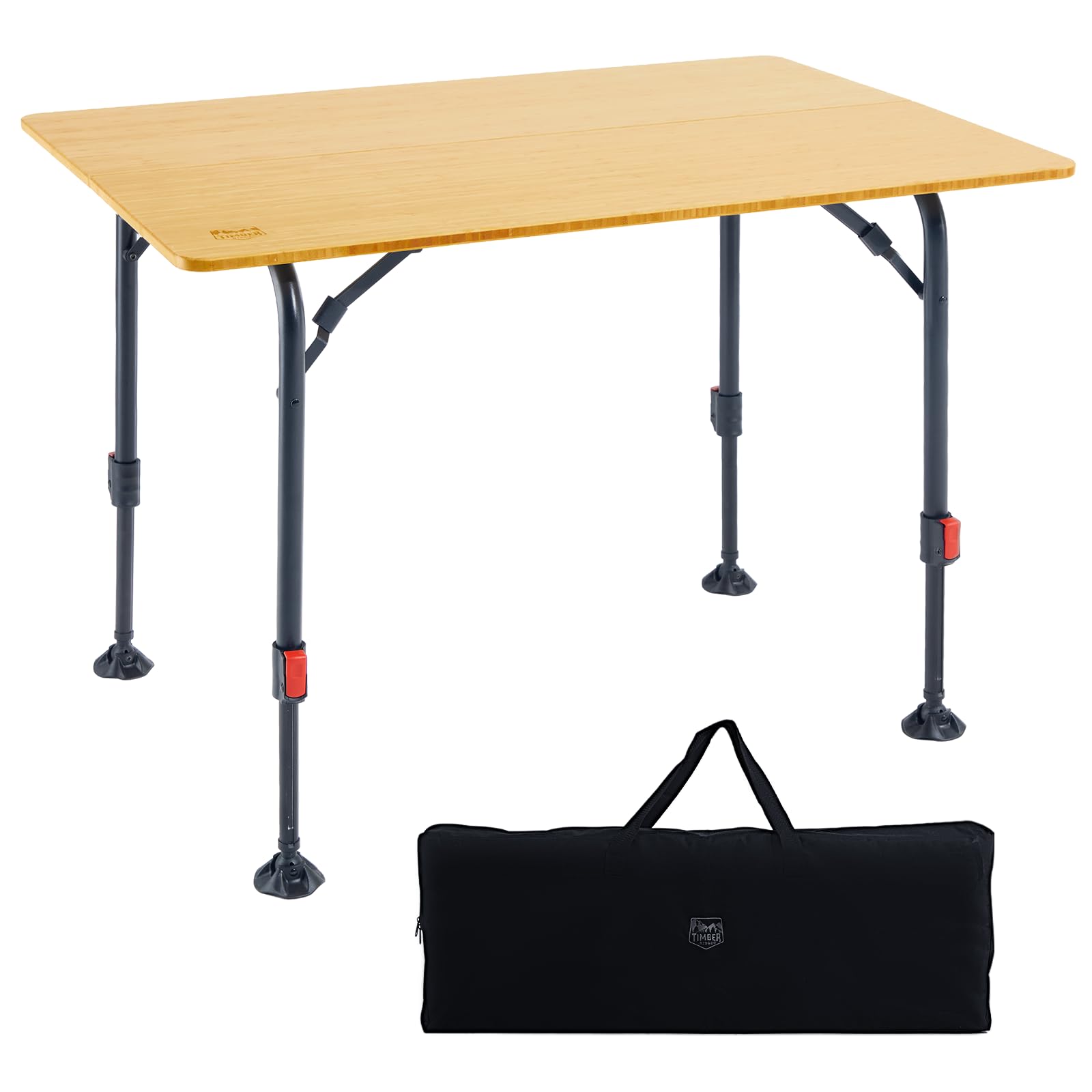 Timber Ridge Table Camping Pliante Bambou Hauteur Réglable 4-6 Personnes | Plateau en bambou élégant, hauteur réglable, table pliante pour 4-6 personnes avec sac de transport pour camping et jardin