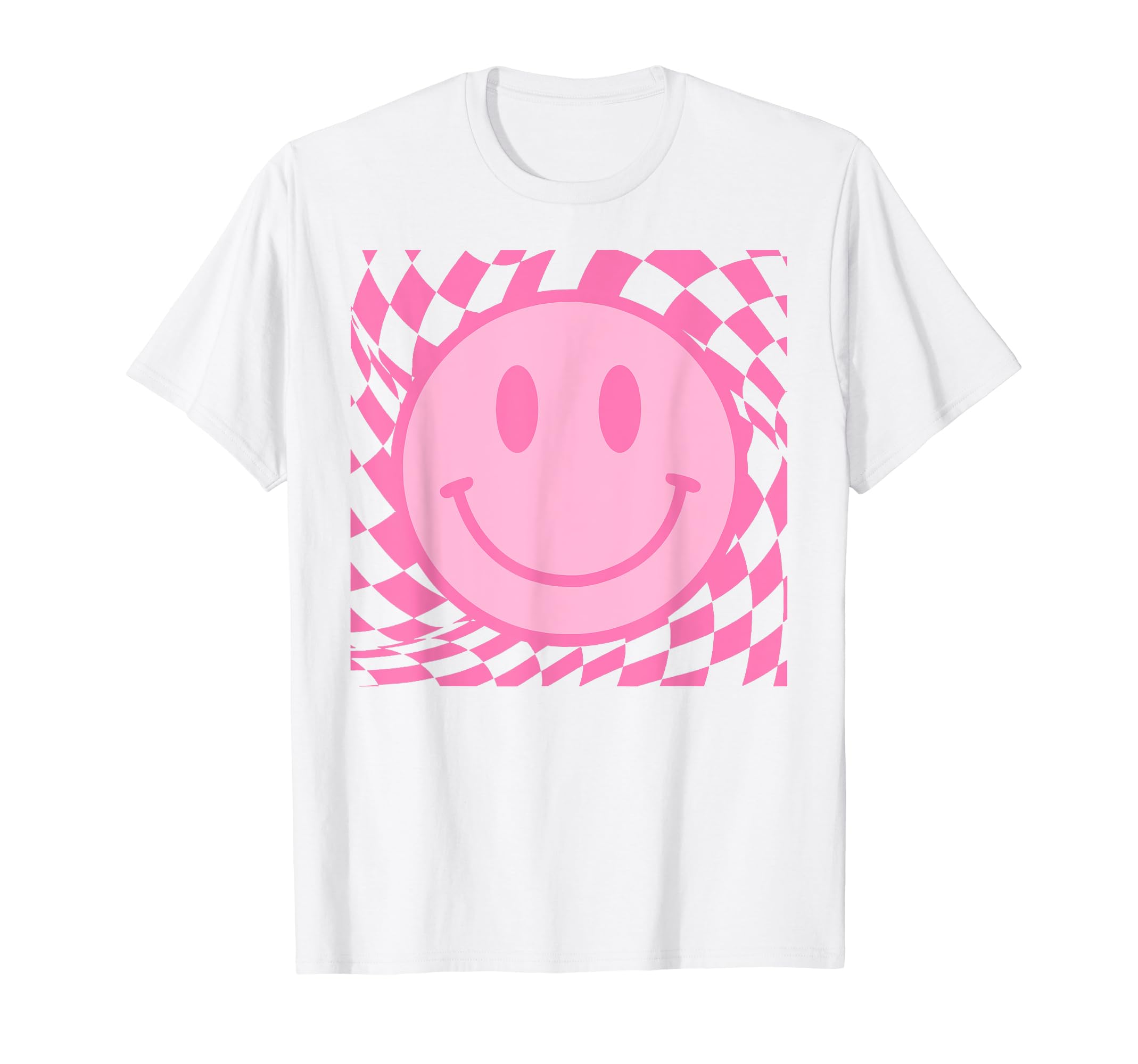 XamicRetro Happy Smile Face Smiling Checkered Pattern Pink Trendy T-ShirtOEKO-TEX STANDARD 100