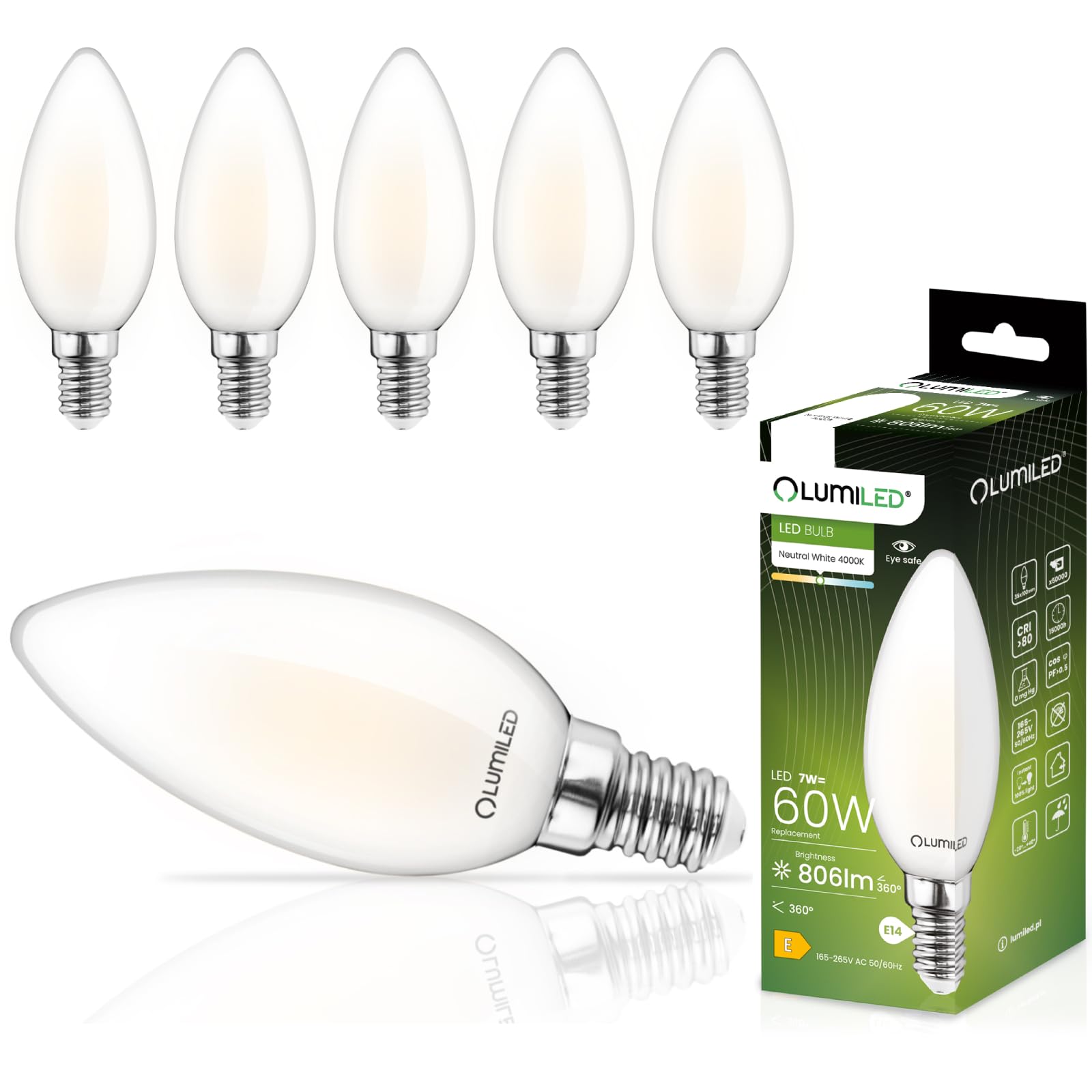 Lumiled B35 E14 LED Lampe 7W (ersetzt 60W), 806 Lumen, Vintage Filament Milch Glas Leuchtmittel Kerze 4000K Neutralweiß Birne Lampen Kerzenform 360° Strahlwinkel Glühbirnen Kerzenbirnen 6er-Pack