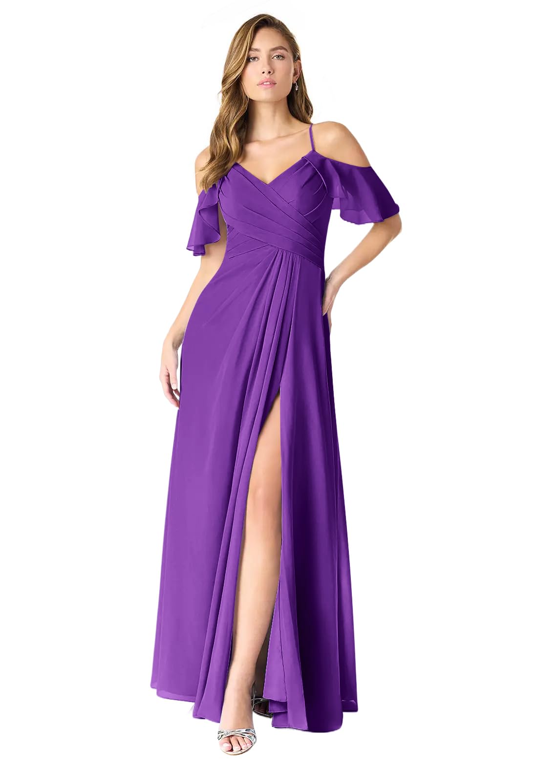 MIRUXIA Chiffon Cold Shoulder Bridesmaid Dresses for Women 2026 A-line Long with Slit Formal Wedding Guest Dress