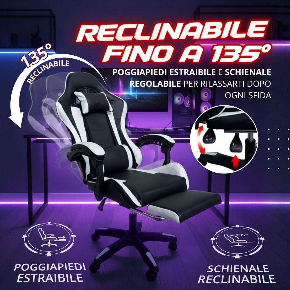 Sedia da Gaming Ergonomica Reclinabile fino a 135° con Poggiapiedi Cuscino Supporto Lombare e Poggiatesta con Rotelle Rotazione a 360°, Pistone a Gas Poltrona da Ufficio Portata 125kg (Bianco)