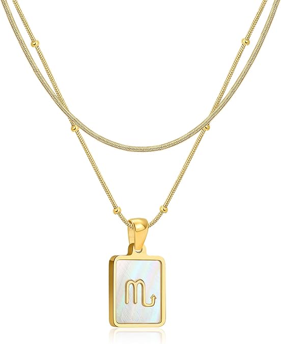 LETFLY Zodiac Natural Shell Layered Gold Necklace for Women, 18K Gold Plated Square Shaped Pendant with Adjustable Layered Snake Chain for Womens Jewelry Gifts