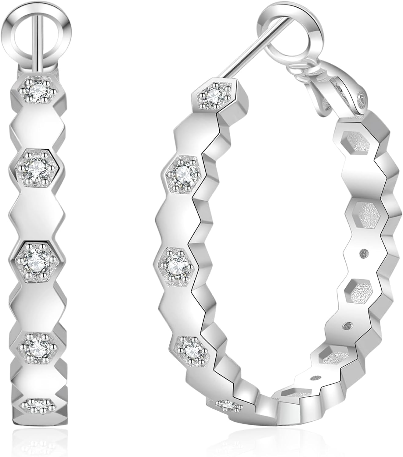 PABBEU S925 Sterling Silver Hoop Earrings for Women Cubic Zirconia Hypoallergenic Lightweight Dainty Heart Large Silver Hoop Earrings for Women 30/40mm