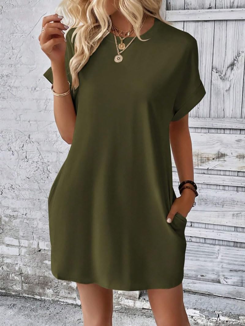 Earnmore Abito T-Shirt a Maniche Corte, Abiti Estivi da Donna a Maniche Corte con Tasche Abito T-Shirt Semplice e Solido con Tasche